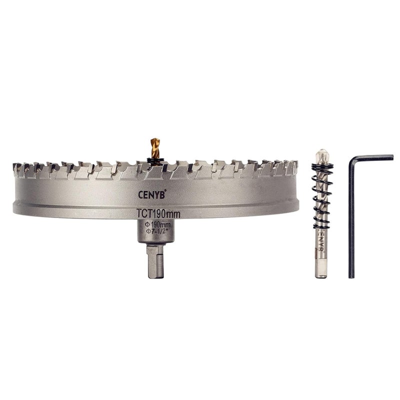 cenyb 7-1/2" (190mm) Tungsten Carbide Tipped Hole Saw with 2Pcs Titanium-Plated Pilot Drill Bits for Hard Metal,Stainless Steel,Iron,Aluminum Alloy,Wood and Plastic - Image 1